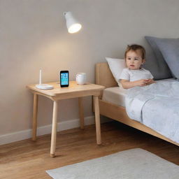 Adapt the earlier scene to include the child's mobile phone brightly lit and ringing on the polished wooden side-table.