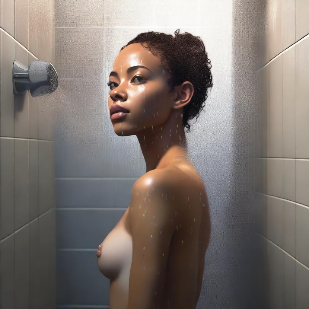 A hyper-realistic digital painting of an 18-year-old light brown-skinned woman in a shower scene