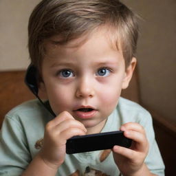 Revise the image to show the child reaching out to his brightly lit and ringing phone, curiosity apparent in his eyes.