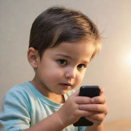 Revise the image to show the child reaching out to his brightly lit and ringing phone, curiosity apparent in his eyes.