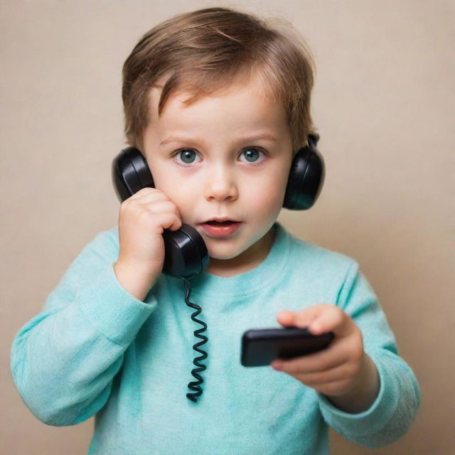 Revise the image to show the child reaching out to his brightly lit and ringing phone, curiosity apparent in his eyes.