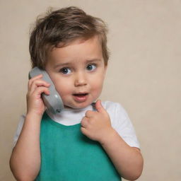 Revise the image to show the child reaching out to his brightly lit and ringing phone, curiosity apparent in his eyes.