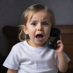 Alter the scene to capture the sudden change in the child's expression to one of surprise and fear as a spooky voice echoes from the phone.