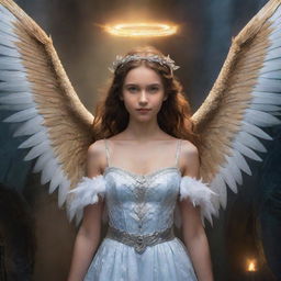 Fantasy scene of a girl, with features of a dragon such as scales and wings, and an angel glowing with a halo and feathered wings.