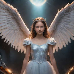 Fantasy scene of a girl, with features of a dragon such as scales and wings, and an angel glowing with a halo and feathered wings.