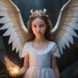 Fantasy scene of a girl, with features of a dragon such as scales and wings, and an angel glowing with a halo and feathered wings.