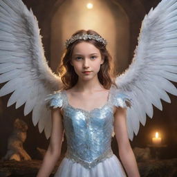 Fantasy scene of a girl, with features of a dragon such as scales and wings, and an angel glowing with a halo and feathered wings.