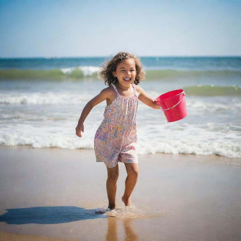 A young girl playing joyfully on a sunny beach, with waves gently lapping at her feet and a colorful bucket in her hand