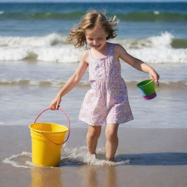 A young girl playing joyfully on a sunny beach, with waves gently lapping at her feet and a colorful bucket in her hand