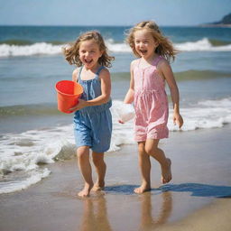 A young girl playing joyfully on a sunny beach, with waves gently lapping at her feet and a colorful bucket in her hand