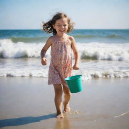 A young girl playing joyfully on a sunny beach, with waves gently lapping at her feet and a colorful bucket in her hand