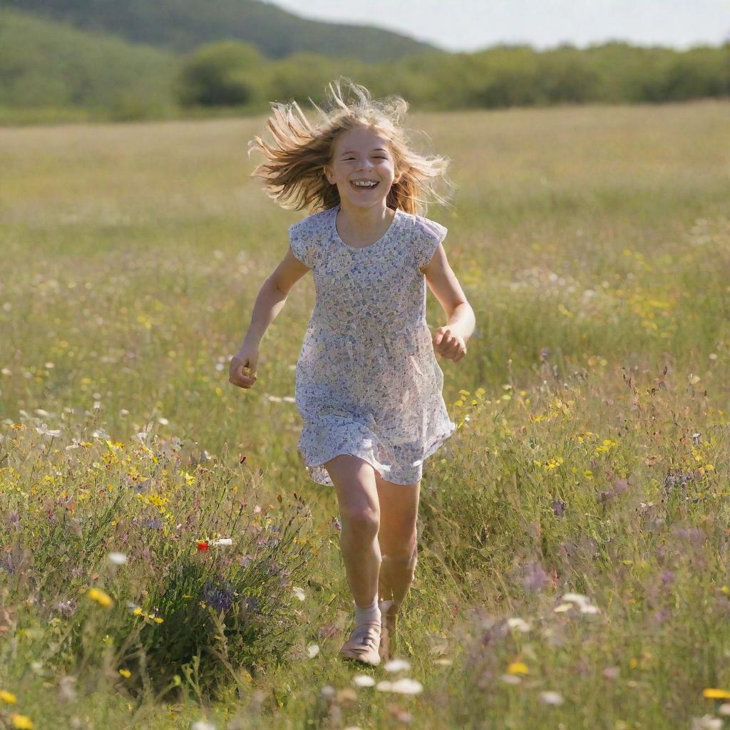 A 12-year-old girl joyfully skipping in a blooming meadow filled with wildflowers, the warm sunlight enhancing her cheerful disposition