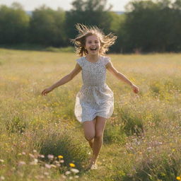 A 12-year-old girl joyfully skipping in a blooming meadow filled with wildflowers, the warm sunlight enhancing her cheerful disposition