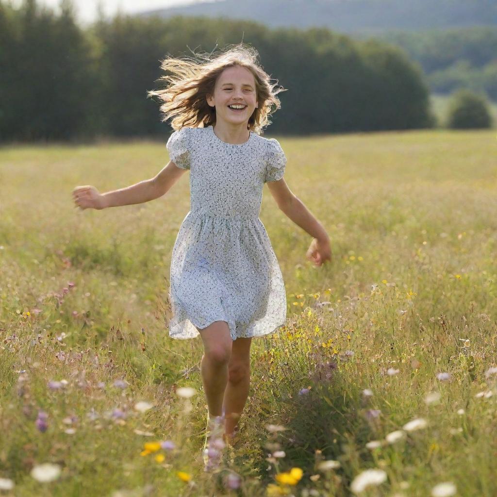 A 12-year-old girl joyfully skipping in a blooming meadow filled with wildflowers, the warm sunlight enhancing her cheerful disposition