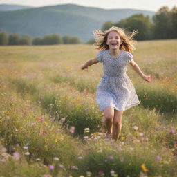 A 12-year-old girl joyfully skipping in a blooming meadow filled with wildflowers, the warm sunlight enhancing her cheerful disposition