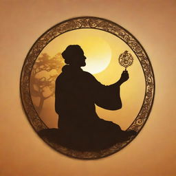 Create a logo for 'Golden Era Sages' YouTube channel. The image includes an ancient sage silhouetted against a golden sunrise. The sage is holding a scroll detailed with intricate symbols. Colors should be warm and symbolize wisdom and enlightenment.