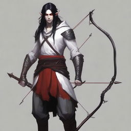 Generate an image of a masculine elf boy with red eyes and long black hair