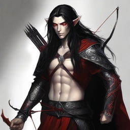 Generate an image of a masculine elf boy with red eyes and long black hair