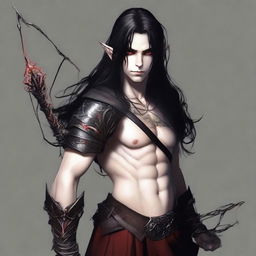 Generate an image of a masculine elf boy with red eyes and long black hair