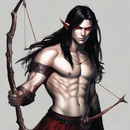 Generate an image of a masculine elf boy with red eyes and long black hair