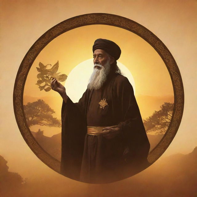 Create a logo for 'Golden Era Sages' YouTube channel. The image includes an ancient sage silhouetted against a golden sunrise. The sage is holding a scroll detailed with intricate symbols. Colors should be warm and symbolize wisdom and enlightenment.