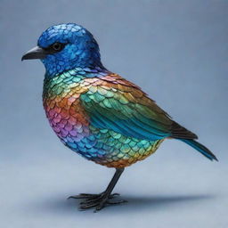 A unique bird adorned with shimmering, iridescent fish scales instead of feathers, demonstrating a stunning blend of the avian and aquatic worlds.