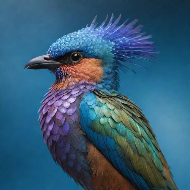 A unique bird adorned with shimmering, iridescent fish scales instead of feathers, demonstrating a stunning blend of the avian and aquatic worlds.