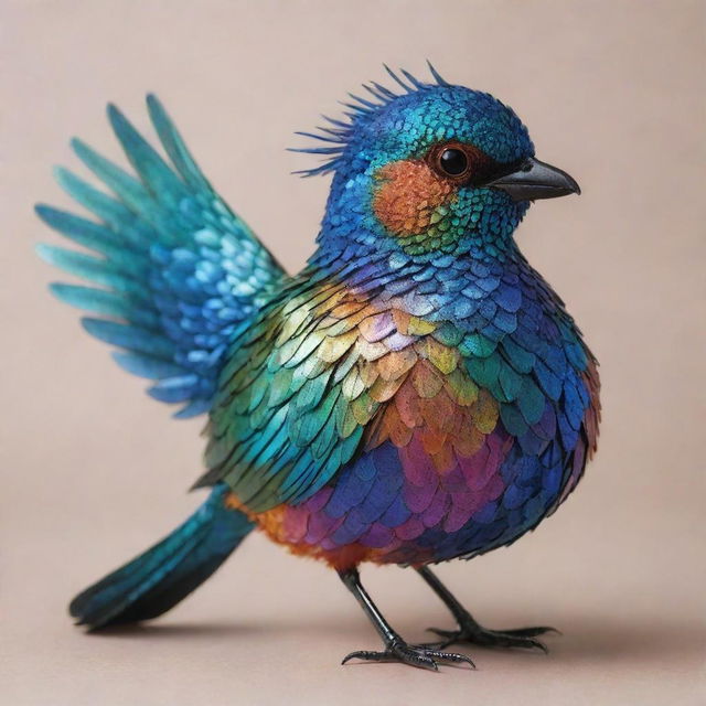 A unique bird adorned with shimmering, iridescent fish scales instead of feathers, demonstrating a stunning blend of the avian and aquatic worlds.