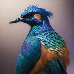 A unique bird adorned with shimmering, iridescent fish scales instead of feathers, demonstrating a stunning blend of the avian and aquatic worlds.