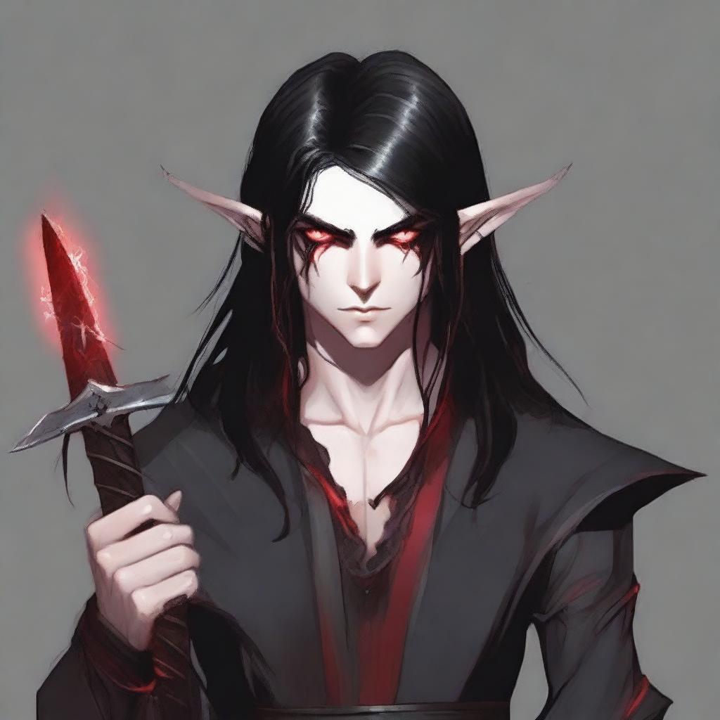 Generate an image of a masculine elf boy with red eyes and long black hair