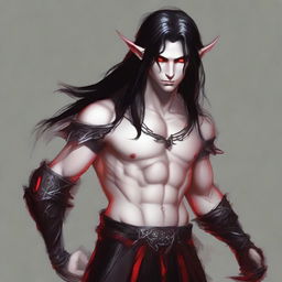 Generate an image of a masculine elf boy with red eyes and long black hair