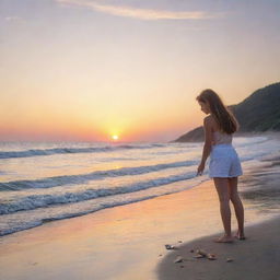 A 15-year-old girl leisurely exploring a beautiful beach, collecting seashells, while the setting sun paints the sky in myriad colors