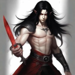 Generate an image of a masculine elf boy with red eyes and long black hair