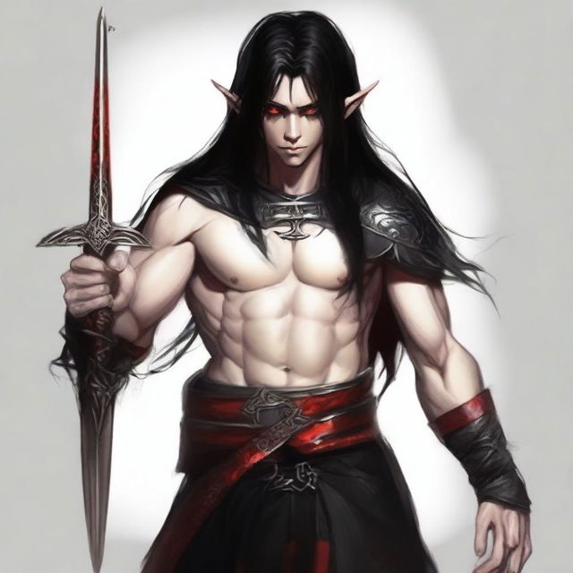 Generate an image of a masculine elf boy with red eyes and long black hair