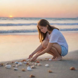 A 15-year-old girl leisurely exploring a beautiful beach, collecting seashells, while the setting sun paints the sky in myriad colors