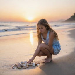 A 15-year-old girl leisurely exploring a beautiful beach, collecting seashells, while the setting sun paints the sky in myriad colors