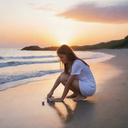 A 15-year-old girl leisurely exploring a beautiful beach, collecting seashells, while the setting sun paints the sky in myriad colors