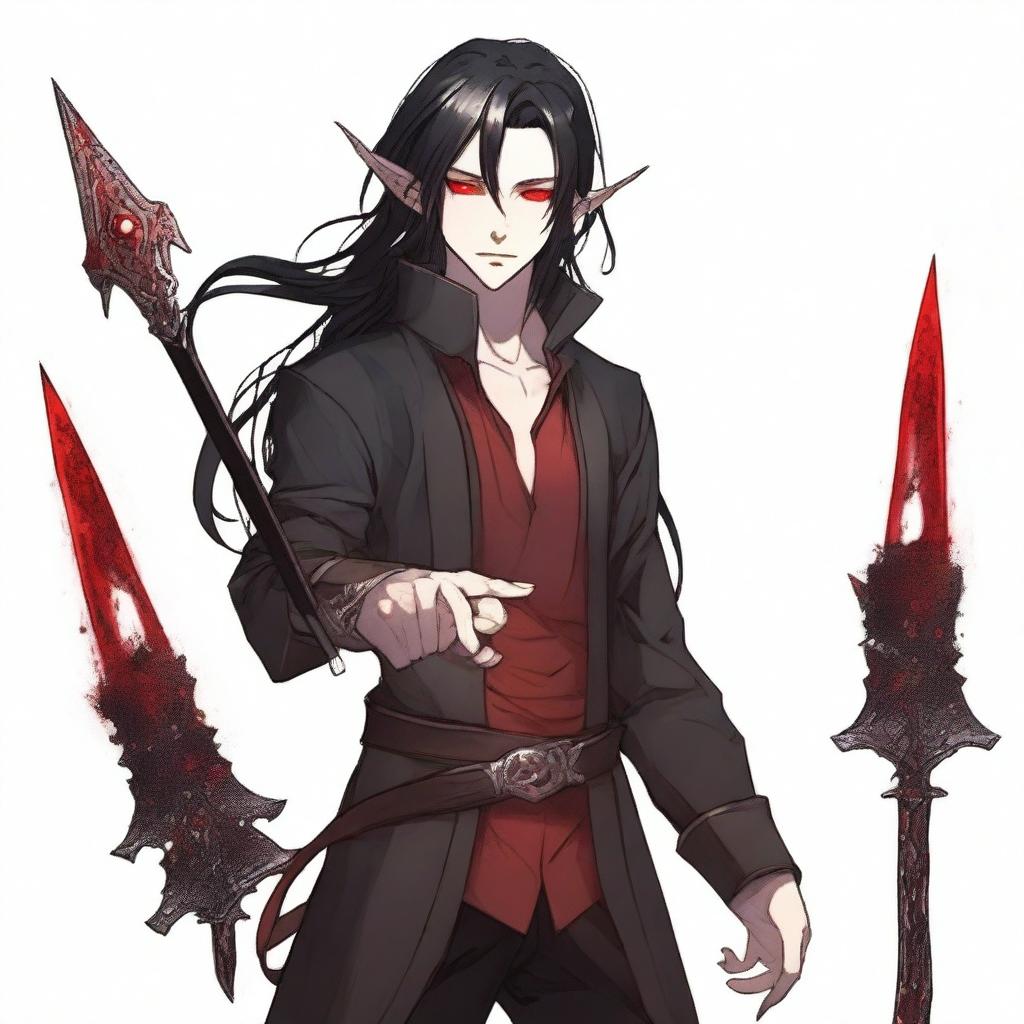 Generate an anime-style image of a masculine elf boy with red eyes and long black hair