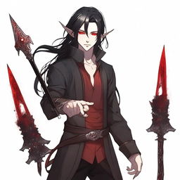 Generate an anime-style image of a masculine elf boy with red eyes and long black hair