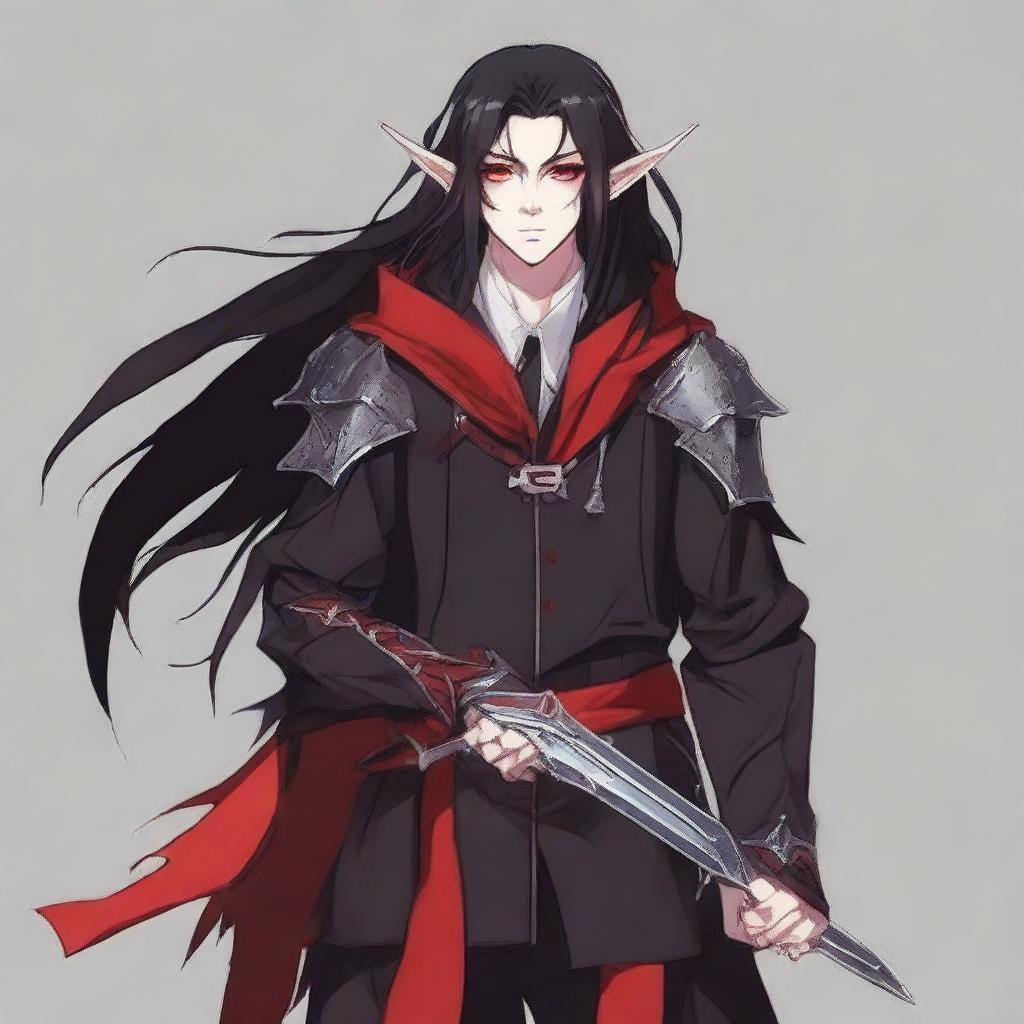 Generate an anime-style image of a masculine elf boy with red eyes and long black hair