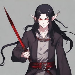 Generate an anime-style image of a masculine elf boy with red eyes and long black hair