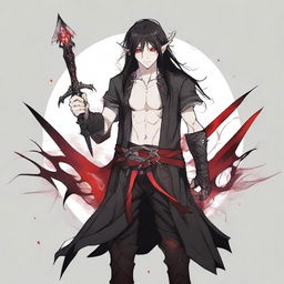 Generate an anime-style image of a masculine elf boy with red eyes and long black hair