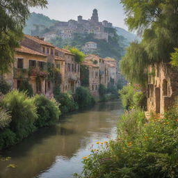 Create a serene image of a sunlit foreign city draped in dense foliage. Ancient architecture beautifully marred by time, framed with sprawling, vibrant wildflowers and a peaceful river flowing beside.