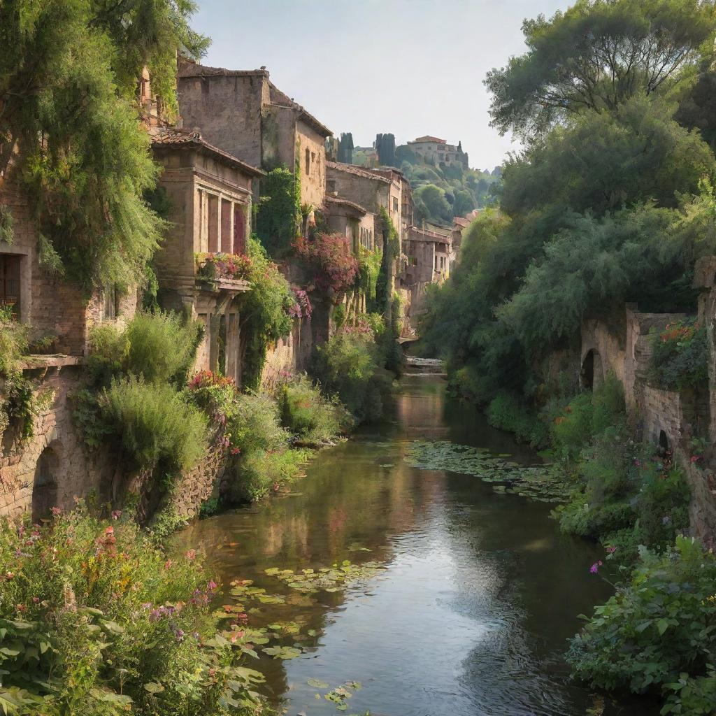 Create a serene image of a sunlit foreign city draped in dense foliage. Ancient architecture beautifully marred by time, framed with sprawling, vibrant wildflowers and a peaceful river flowing beside.