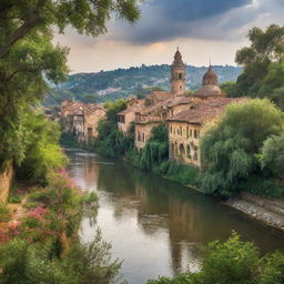 Create a serene image of a sunlit foreign city draped in dense foliage. Ancient architecture beautifully marred by time, framed with sprawling, vibrant wildflowers and a peaceful river flowing beside.