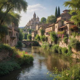 Create a serene image of a sunlit foreign city draped in dense foliage. Ancient architecture beautifully marred by time, framed with sprawling, vibrant wildflowers and a peaceful river flowing beside.