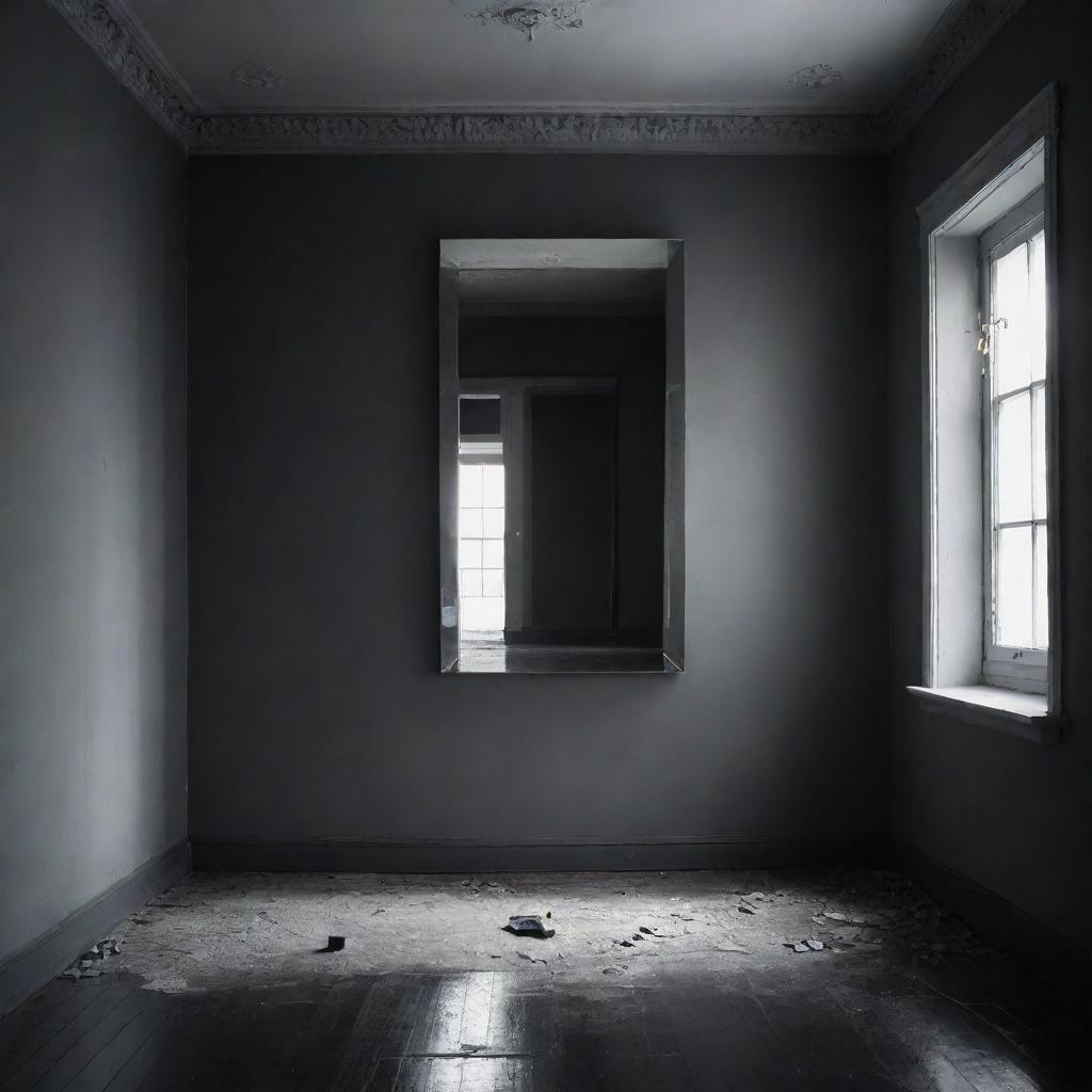 Create an image of a minimalistic room with intricate details, bathed in grim, mysterious lighting, featuring a single, intriguing broken mirror at the center.