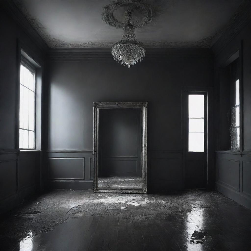 Create an image of a minimalistic room with intricate details, bathed in grim, mysterious lighting, featuring a single, intriguing broken mirror at the center.