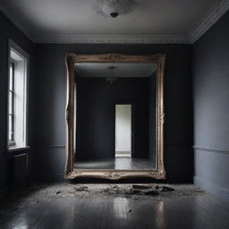 Create an image of a minimalistic room with intricate details, bathed in grim, mysterious lighting, featuring a single, intriguing broken mirror at the center.