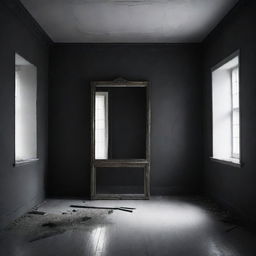 Create an image of a minimalistic room with intricate details, bathed in grim, mysterious lighting, featuring a single, intriguing broken mirror at the center.